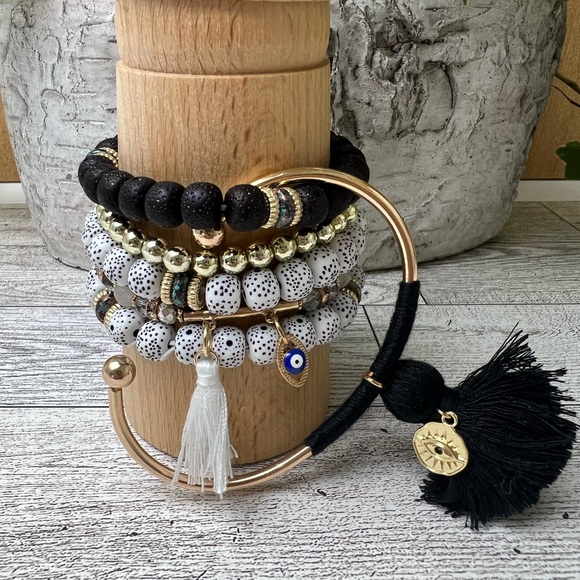Stylish Boho Chic Gold & Black Stacked Bracelets -Trendy Mixed Style Bracelets - Picture 17 of 17